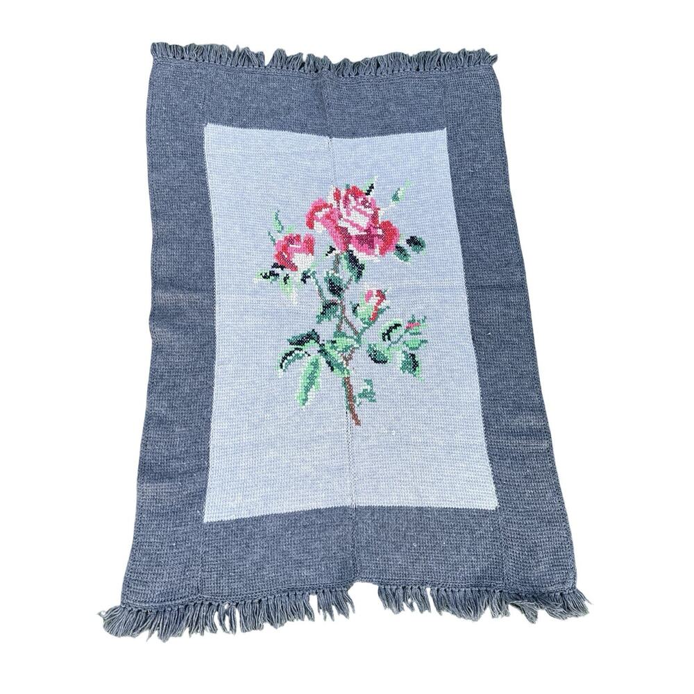 Vintage Woven Afghan Throw Blanket Cross Stitch Cottage Roses Crochet Gray Pink